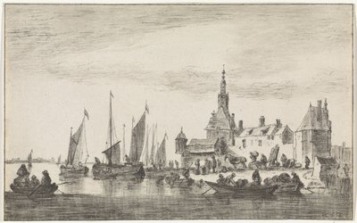 Riviergezicht met handelaren aan een oever bij huizen door Hendrik Spilman