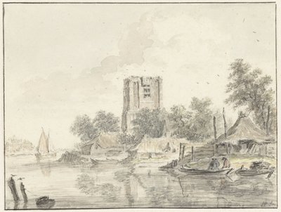 Rivierlandschap met een grote stompe kerktoren door Hendrik Spilman