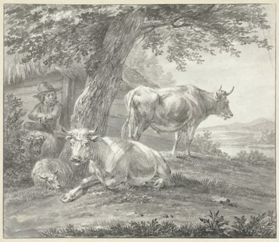 Twee koeien en twee schapen onder een boom bij een schuur door Hendrik Stokvisch