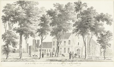 Kerk en gedeelte van de ruïne van de Abdij te Rijnsburg door Hendrik Tavenier