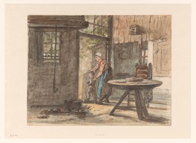 Handwerkende vrouw en kind door Hendrik Valkenburg
