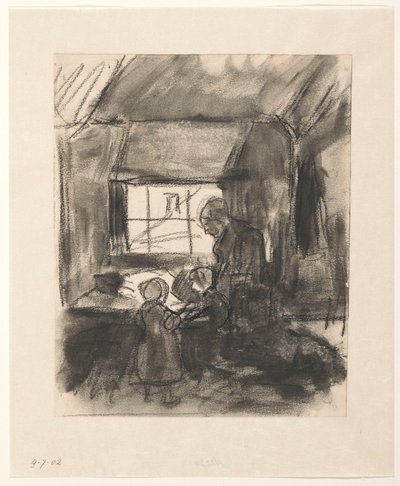 Interieur met vrouw en twee kindertjes door Hendrik Valkenburg