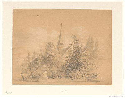 Kerkje tussen bomen door Hendrik Valkenburg