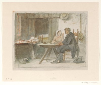 Schrijvende man en een vrouw aan een tafel door Hendrik Valkenburg