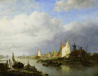 Boten op een rivier met een lichtbaken door Hendrik Vettewinkel