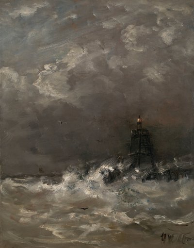 Vuurtoren in de branding door Hendrik Willem Mesdag (signed by artist)