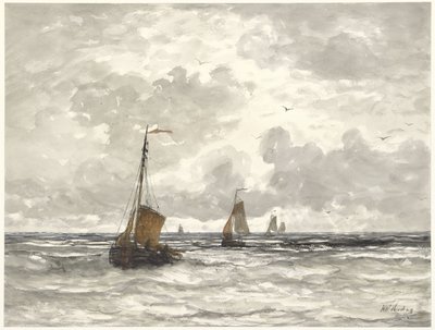 Vissersboten op de golven door Hendrik Willem Mesdag