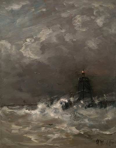 Vuurtoren in brekende golven door Hendrik Willem Mesdag