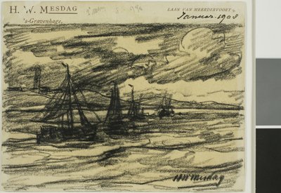 Schepen op zee door Hendrik Willem Mesdag