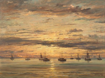 Zonsondergang in Scheveningen: Een vloot vissersvaartuigen voor anker door Hendrik Willem Mesdag