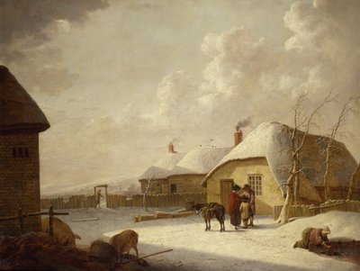 Figuren Buiten een Huisje in de Sneeuw door Hendrik Willem Schweickardt