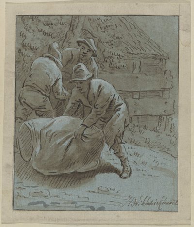 Drie mannen in een landschap bij een liggende ton en een zak door Hendrik Willem Schweickhardt (signed by artist)