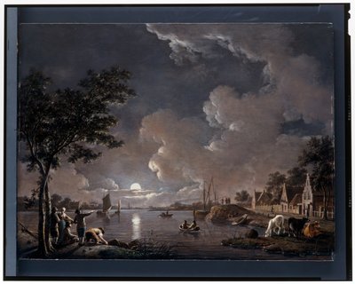 Een rivierlandschap bij maanlicht door Hendrik Willem Schweickhardt