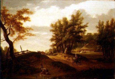 Een boslandschap met een wagen en boeren die op een weg reizen, een wasvrouw bij een vijver en een boerderij verderop door Hendrik Willem Schweickhardt