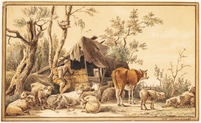 Een herder met zijn kudde bij een schuur door Hendrik Willem Schweickhardt