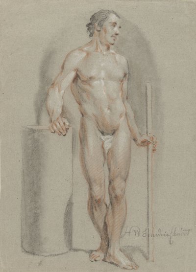 Staand mannelijk naakt, met een stok in de hand, steunend op een ateliercylinder door Hendrik Willem Schweickhardt
