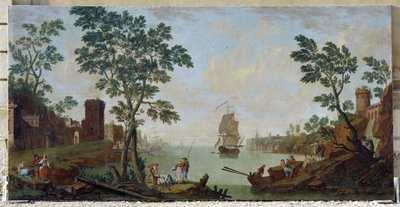 Uitzicht op een mediterrane haven door Hendrik Willem Schweickhardt