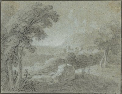 Zuidelijk heuvellandschap met een stad in het verschiet door Hendrik Willem Schweickhardt