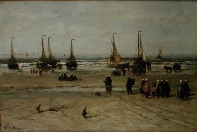 Kustlandschap met vissersvaartuigen en vissers door Hendrik William Mesdag