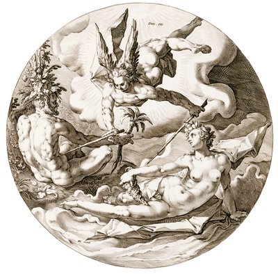Dag III, De Scheiding van de Wateren, uit de serie De Zes Dagen van de Schepping, 1589 door Hendrik after Goltzius