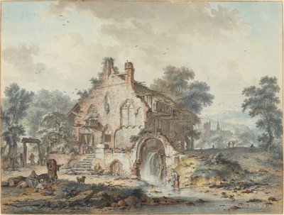 Rustieke watermolen in een gotische ruïne door Hendrik de Meyer II