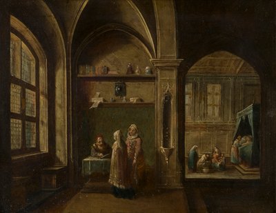 Een Renaissance-interieur met figuren: De geboorte van St. Jan door Hendrik the Younger Steenwyck