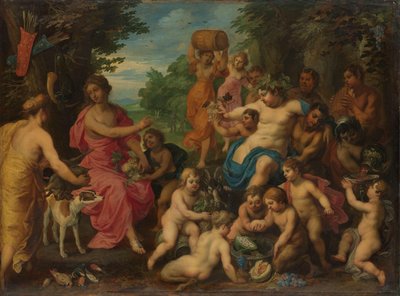 Diana aangeboden wijn en fruit door Bacchus en zijn gevolg door Hendrik van Balen (I)