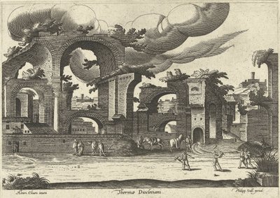 Ruïnes van de Thermen van Diocletianus met twee mannen die croquet spelen op de voorgrond, 1585 door Hendrik van Cleve III