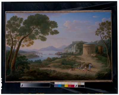 Een uitgestrekt klassiek landschap met figuren zittend voor een tempietto door Hendrik van Lint