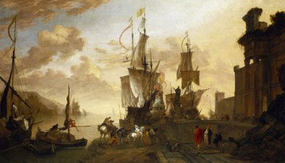 Navigatie in Livorno, Italië, twee schepen aangemeerd aan de kade, geïdealiseerde beschrijving van de belangrijkste haven van Toscane, het maritieme kruispunt tussen het Oosten en de moslimwereld, vertegenwoordigd door de kameel en niet-Europese figuren, e door Hendrik van Minderhout
