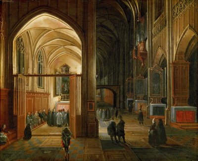 Avonddienst in een gotische kerk door Hendrik van Steenwyck