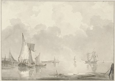 Gezicht voor de kust met schepen in stil water door Hendrik van den Helm
