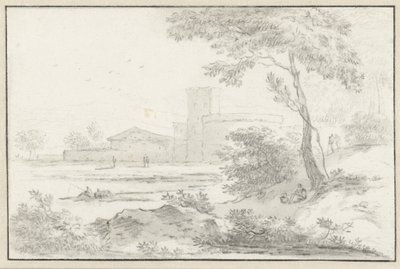Italiaans landschap met versterkt gebouw op de achtergrond door Hendrik van der Straaten