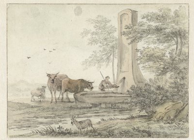 Italiaans landschap met herder en zijn vee bij een fontein door Hendrik van der Straaten