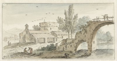 Italiaans landschap met een stenen brug door Hendrik van der Straaten