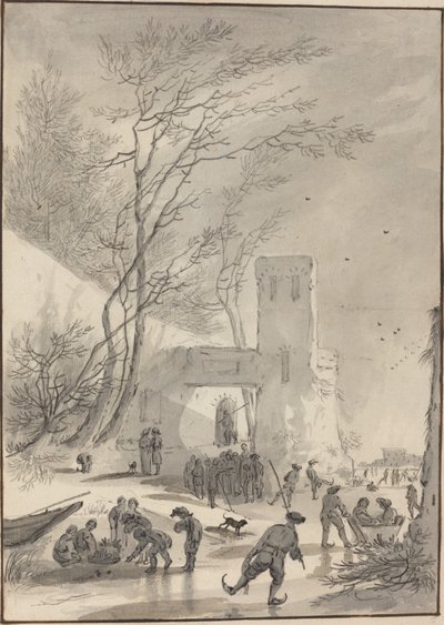 Schaatsers buiten een stadsmuur door Hendrik van der Straaten