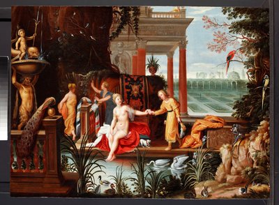 Bathseba bij het bad met haar dienaressen door Hendrik van the Elder (circle of) Balen