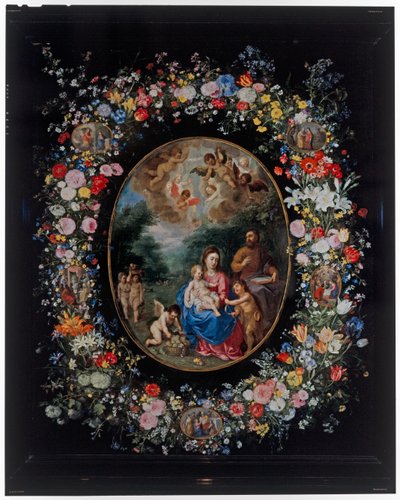 De Heilige Familie en de jonge Sint Johannes de Doper en engelen in een landschap door Hendrik van the Elder Balen