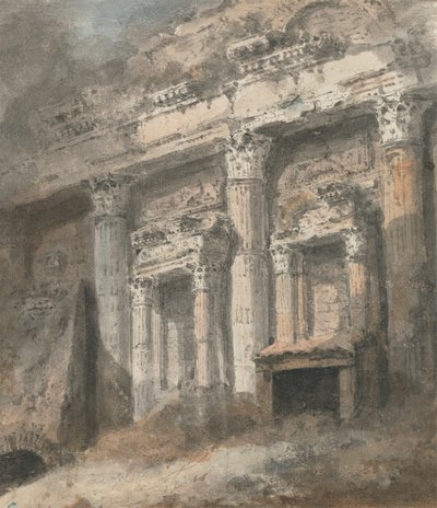 Gevel van een verwoeste (?) Romeinse tempel, met zuilen en deuropening door Heneage Finch fourth Earl of Aylesford