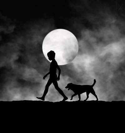 Kind en hond bij maanlicht door Hengki Lee
