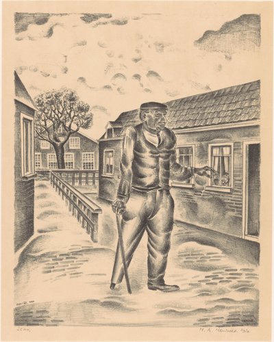 Man met houten been en wandelstok door Henk Henriët (signed by artist)
