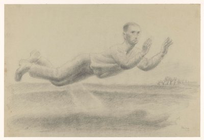 Zelfportret met geheven handen zwevend in een landschap door Henk Henriët (signed by artist)
