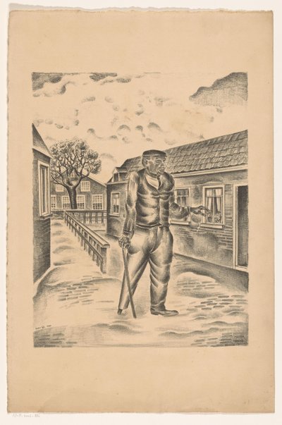 Man met houten been en stok in een dorpsstraat door Henk Henriët