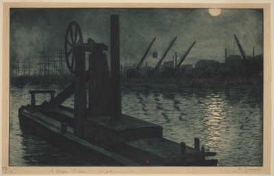 De baggermolen van Dieppe, een baggermolen in de haven van Dieppe bij maanlicht door Henri-Charles Guérard
