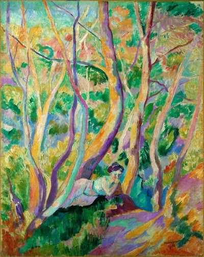 Vrouw in een bos (olieverf op doek) door Henri-Charles Manguin