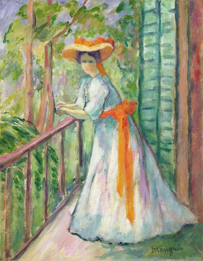 Vrouw op een balkon, of Jeanne met een oranje lint door Henri Charles Manguin