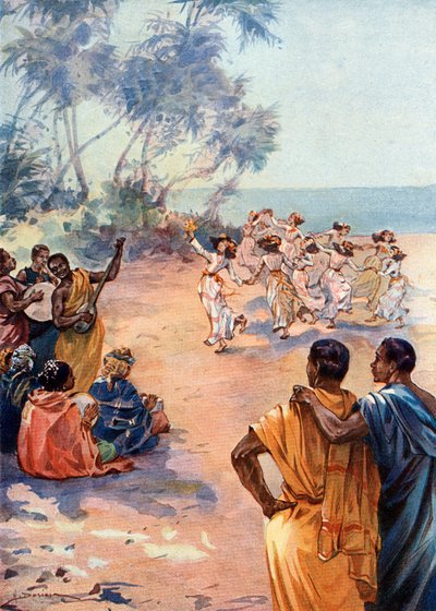Uitzicht op Tahiti onder het bewind van Pomare IV (1813-1877) door Henri Gaston Darien