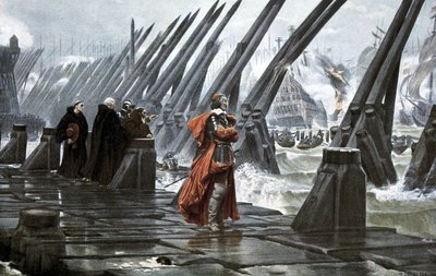 Kardinaal Richelieu op de zeewering bij La Rochelle door Henri Paul (after) Motte