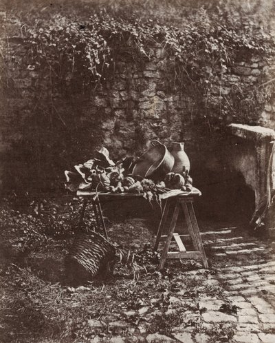 Stilleven: pot, kruik en groenten op een zaagboktafel, ca. 1852 (foto) door Henri Victor Regnault