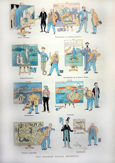 Cartoon die de spot drijft met de verschillende scholen van moderne kunst en schilderkunst aan het einde van de 19e eeuw, uit 